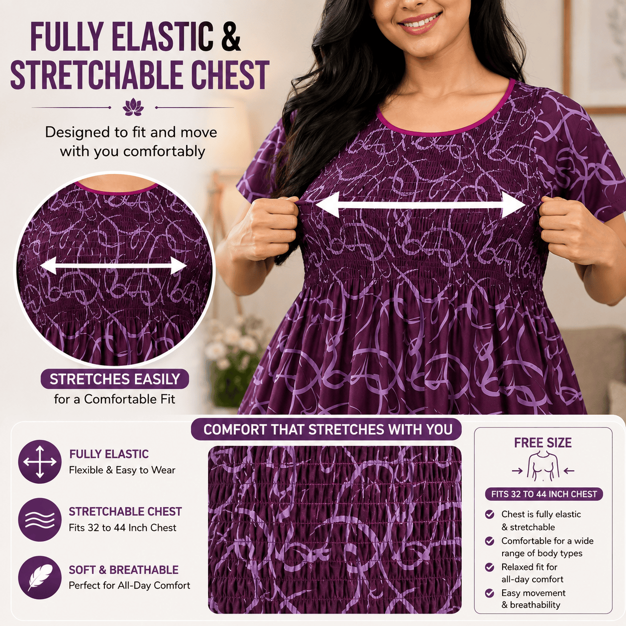 Purple Printed Nighty for Women – Free Size Stretchable Elastic Chest Free Size OneZeros