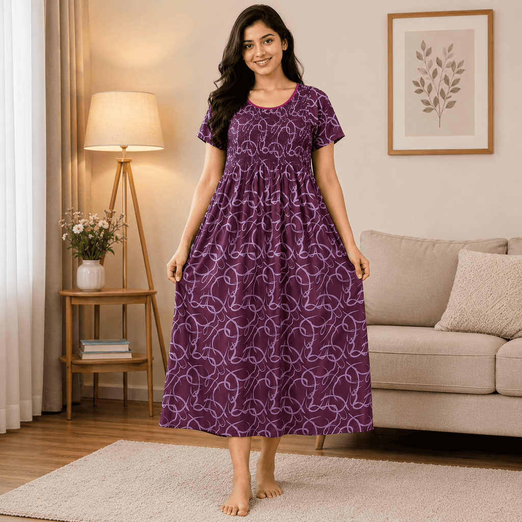 Purple Printed Nighty for Women – Free Size Stretchable Elastic Chest Free Size OneZeros