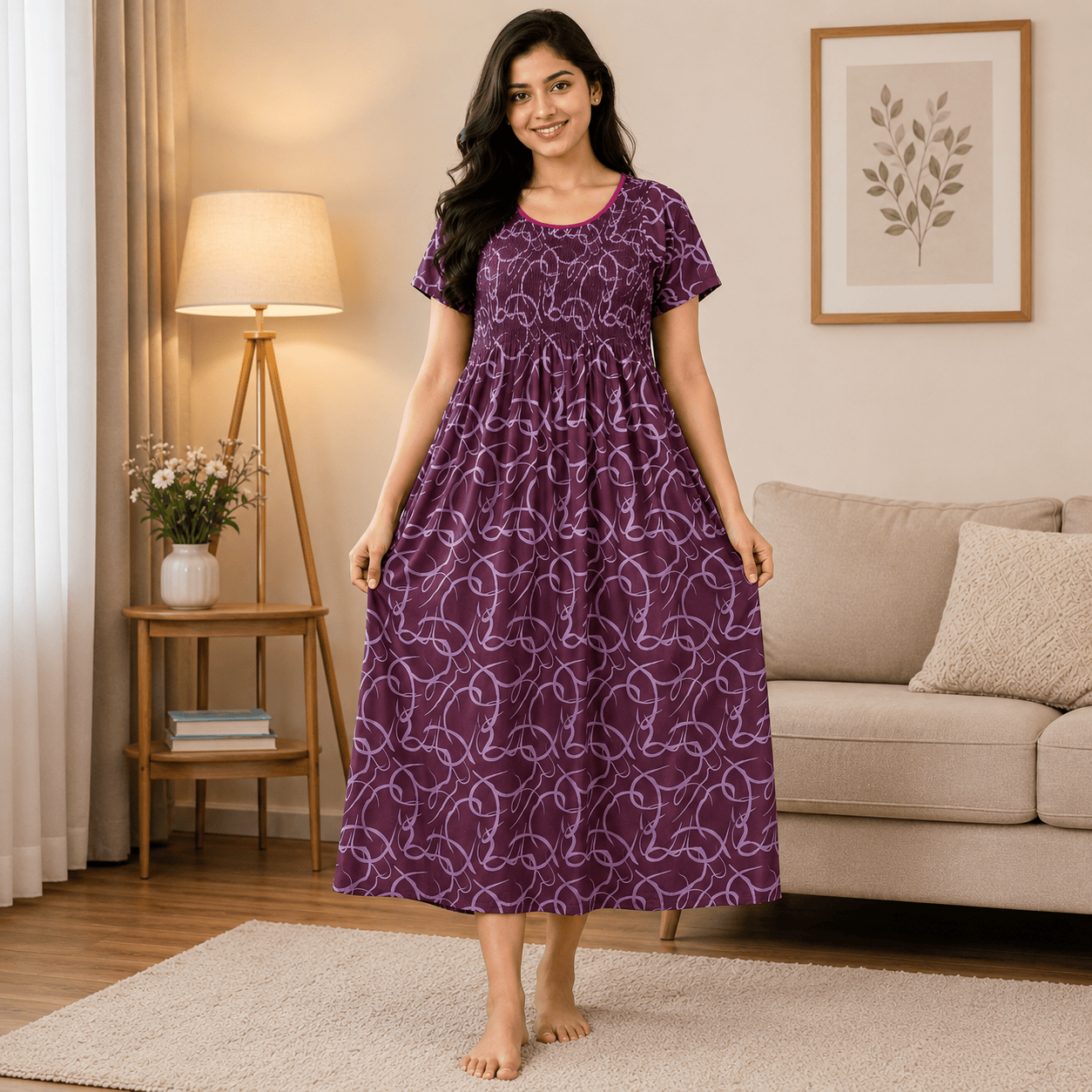 Purple Printed Nighty for Women – Free Size Stretchable Elastic Chest Free Size OneZeros