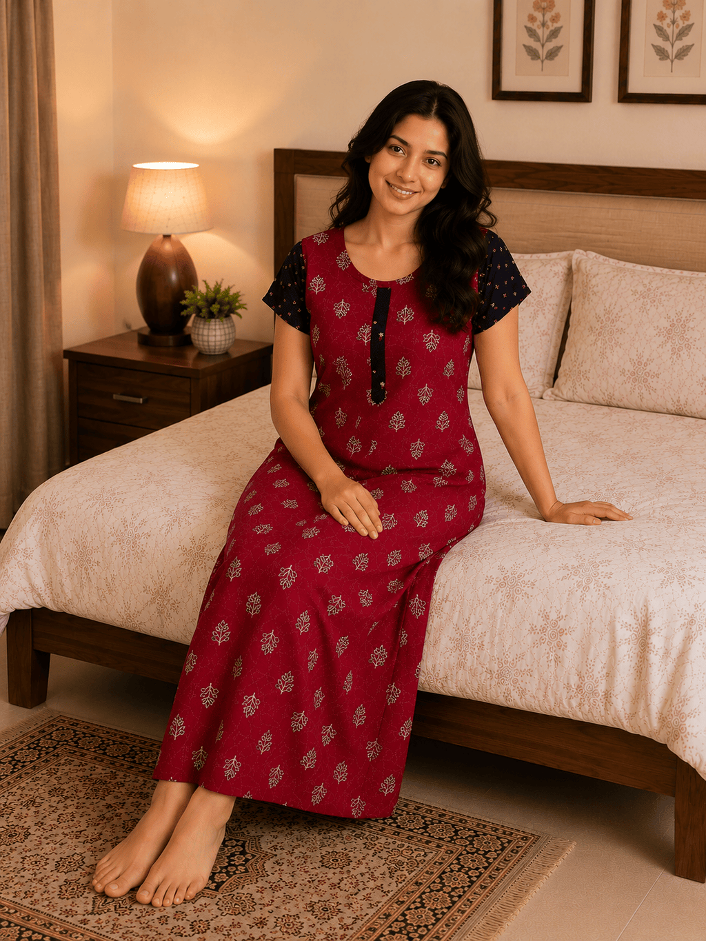 Red Ruby Leaf Pattern Nighty 2XL Onezeros.in