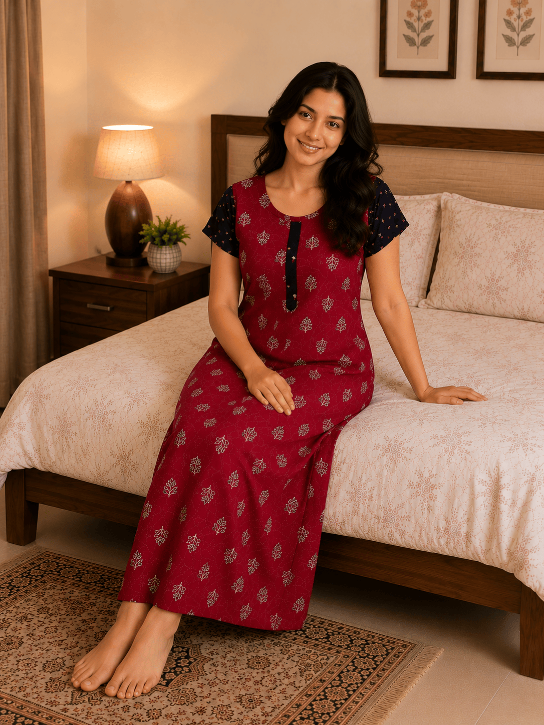 Red Ruby Leaf Pattern Nighty 2XL Onezeros.in