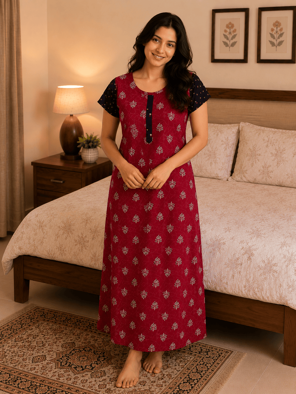 Red Ruby Leaf Pattern Nighty 2XL Onezeros.in