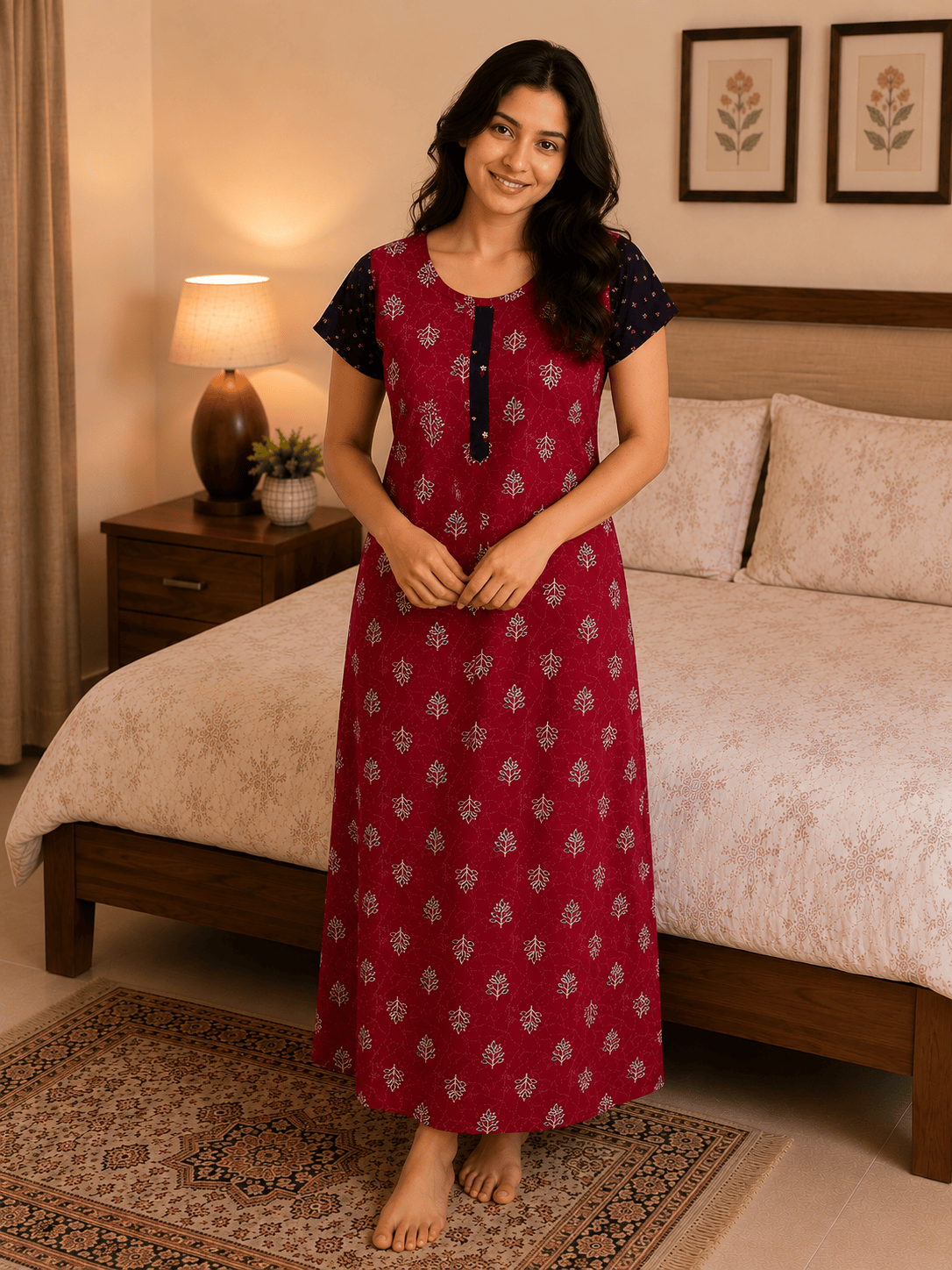 Red Ruby Leaf Pattern Nighty 2XL Onezeros.in