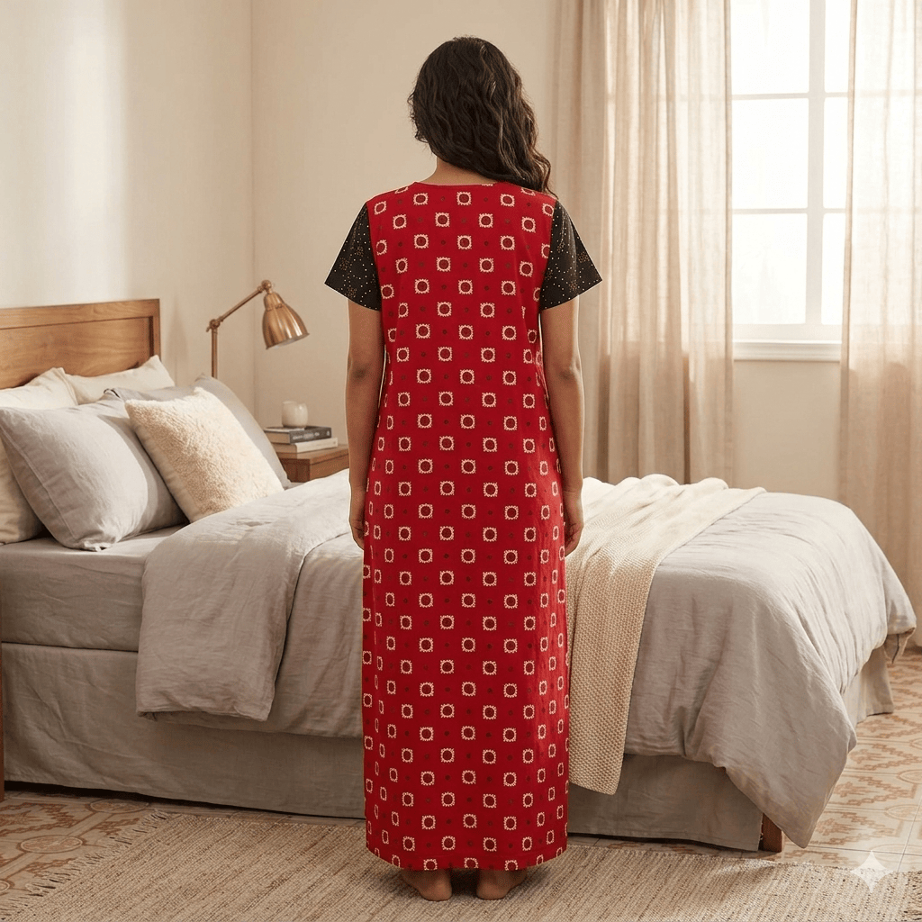 Red with black accents Pattern Nighty Onezeros.in