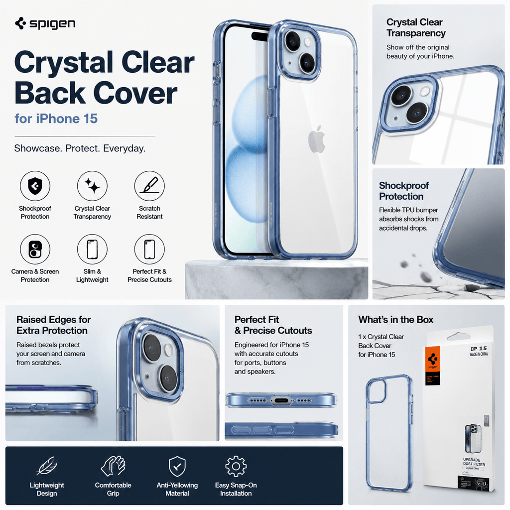 Spigen Crystal Clear Transparent Back Cover for iPhone 15 | Shockproof Slim Protective Case OneZeros