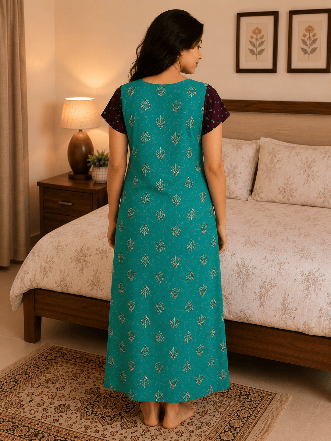 Teal Ruby Leaf Pattern Nighty 2XL Onezeros.in