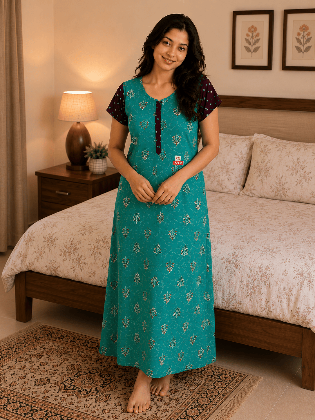 Teal Ruby Leaf Pattern Nighty 2XL Onezeros.in