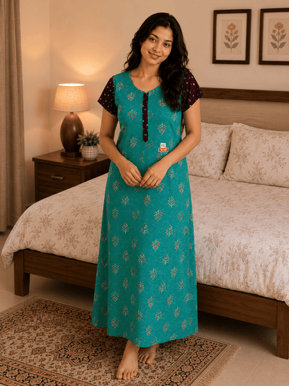 Teal Ruby Leaf Pattern Nighty 2XL Onezeros.in