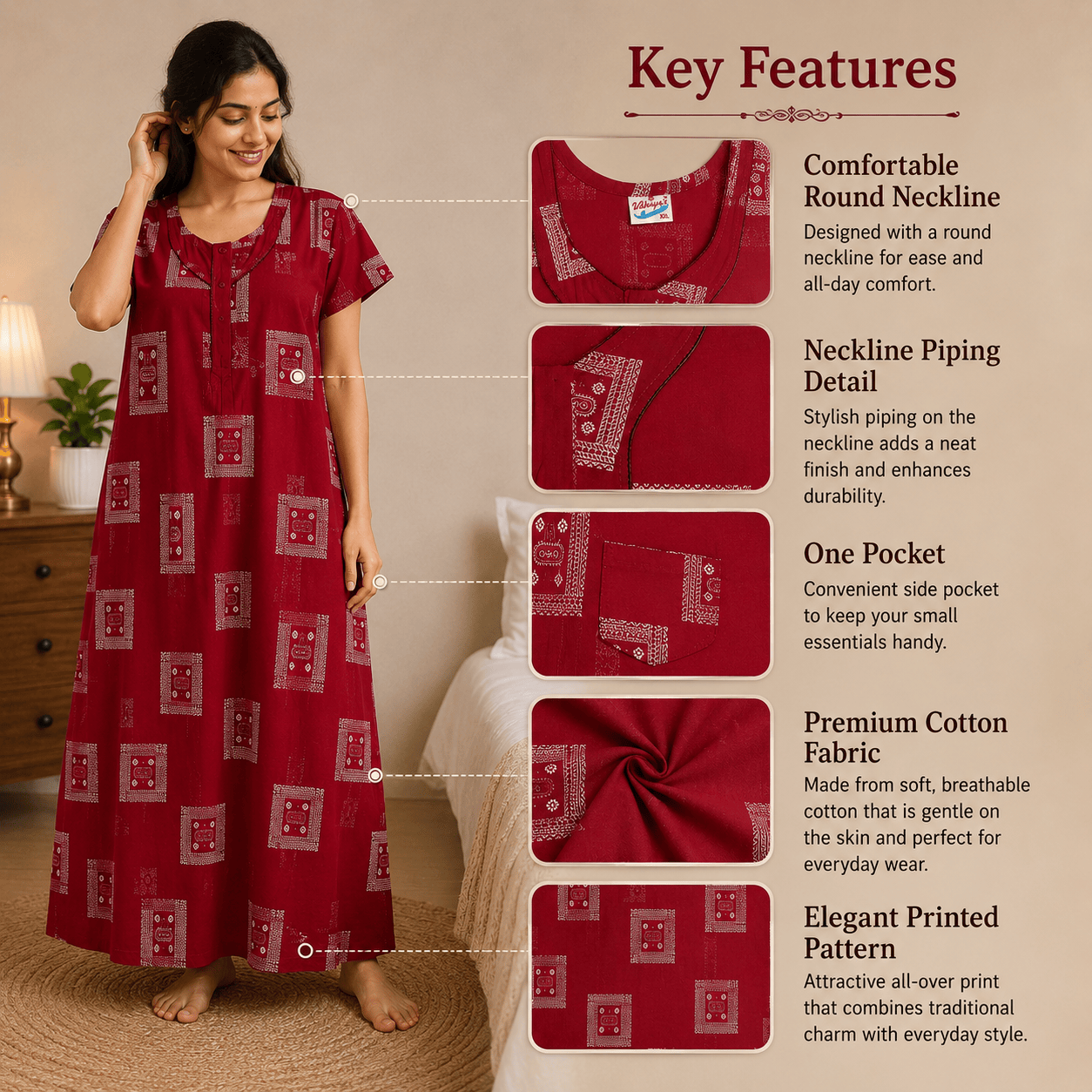 Udhaya Cotton Printed Red Nighty for Women | Soft Breathable Daily Wear Nightgown XXL OneZeros