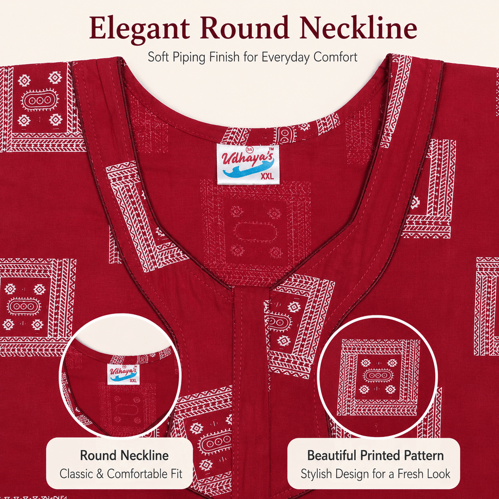 Udhaya Cotton Printed Red Nighty for Women | Soft Breathable Daily Wear Nightgown XXL OneZeros