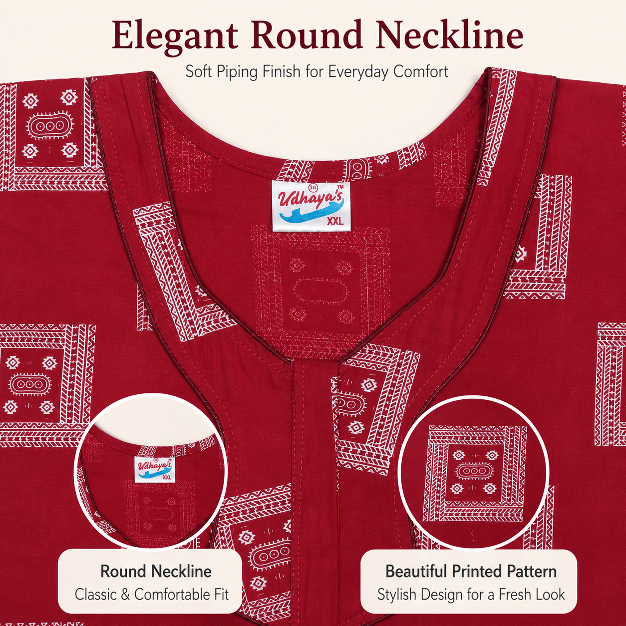 Udhaya Cotton Printed Red Nighty for Women | Soft Breathable Daily Wear Nightgown XXL OneZeros