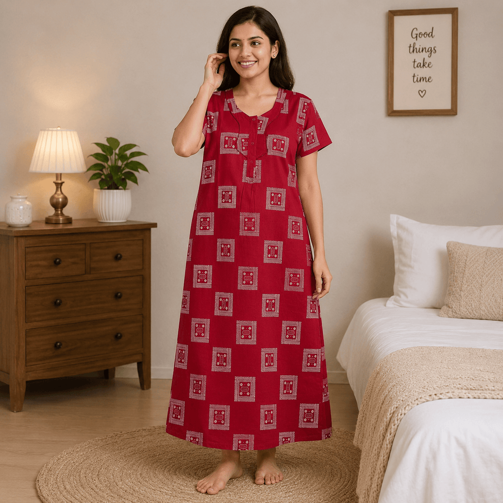 Udhaya Cotton Printed Red Nighty for Women | Soft Breathable Daily Wear Nightgown XXL OneZeros