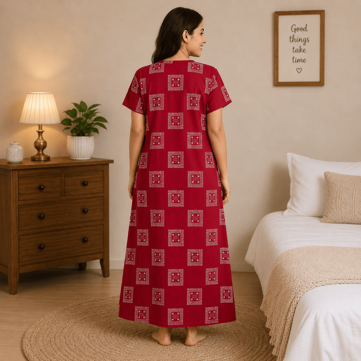 Udhaya Cotton Printed Red Nighty for Women | Soft Breathable Daily Wear Nightgown XXL OneZeros