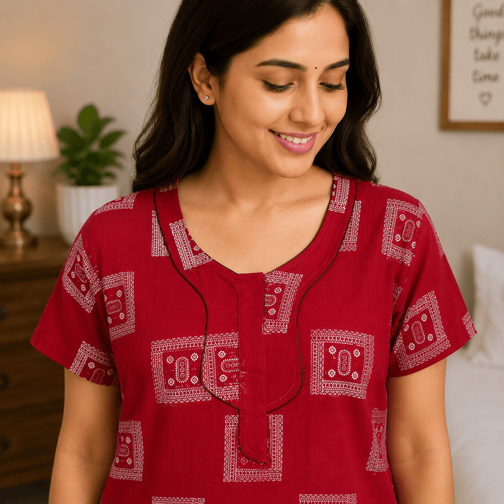 Udhaya Cotton Printed Red Nighty for Women | Soft Breathable Daily Wear Nightgown XXL OneZeros