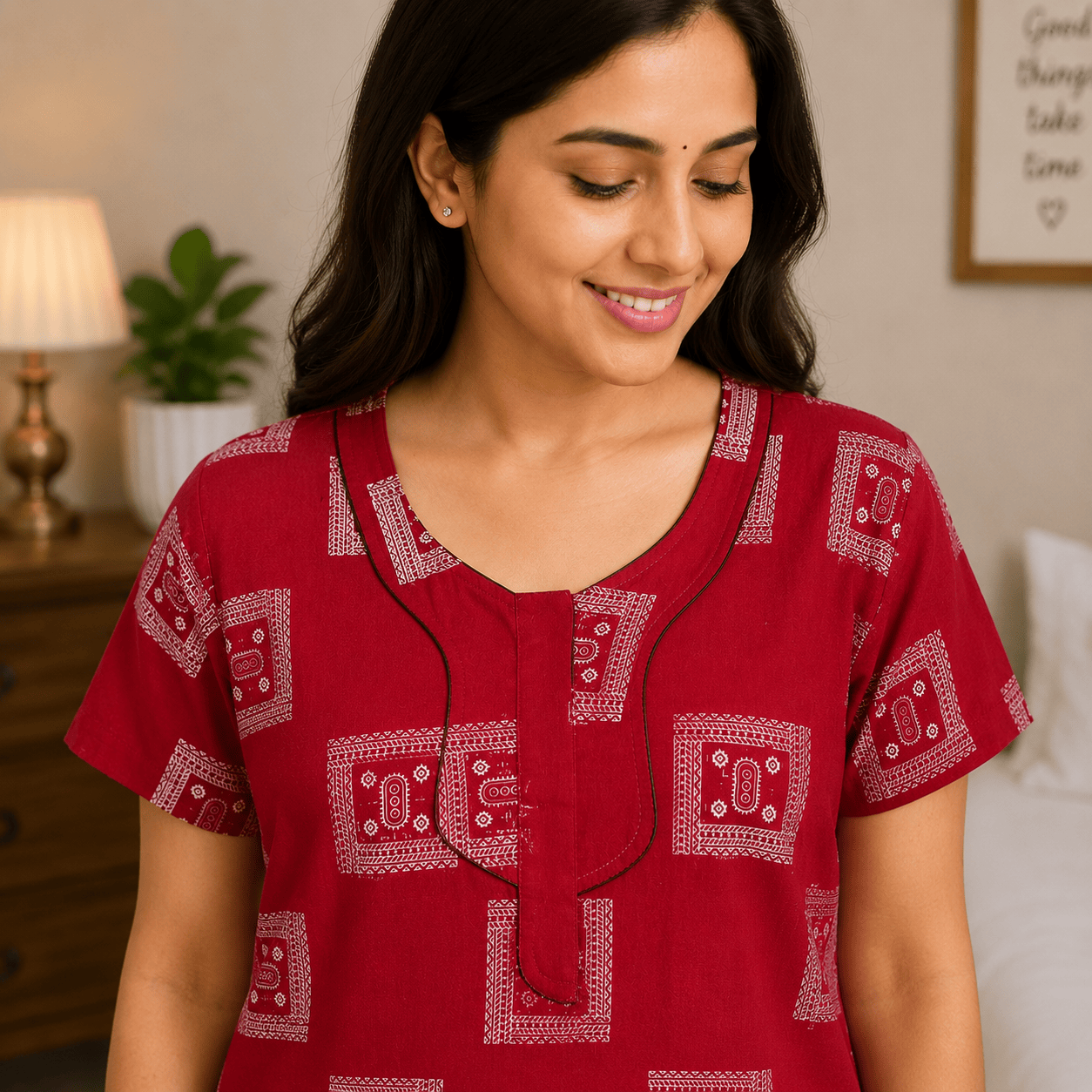 Udhaya Cotton Printed Red Nighty for Women | Soft Breathable Daily Wear Nightgown XXL OneZeros