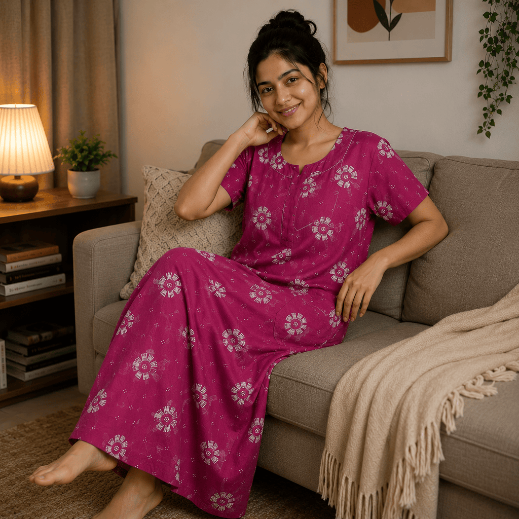 Udhaya's Floral Cotton Nighty for Women XXL – Soft Front Zip Cotton Nightwear & Home Wear OneZeros