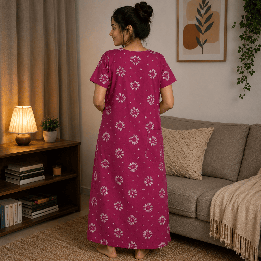 Udhaya's Floral Cotton Nighty for Women XXL – Soft Front Zip Cotton Nightwear & Home Wear OneZeros