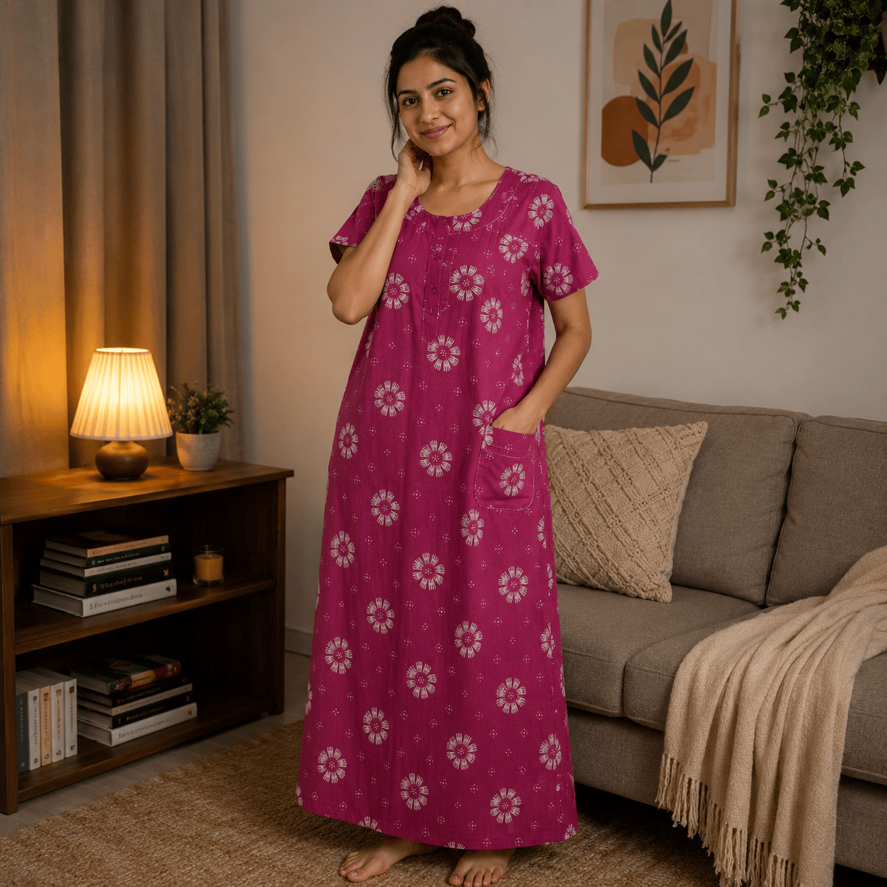 Udhaya's Floral Cotton Nighty for Women XXL – Soft Front Zip Cotton Nightwear & Home Wear OneZeros