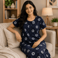 Udhaya's Women's Cotton Floral Printed Nighty with Front Zip | Soft Daily Wear Night Gown (Navy Blue) XXL OneZeros