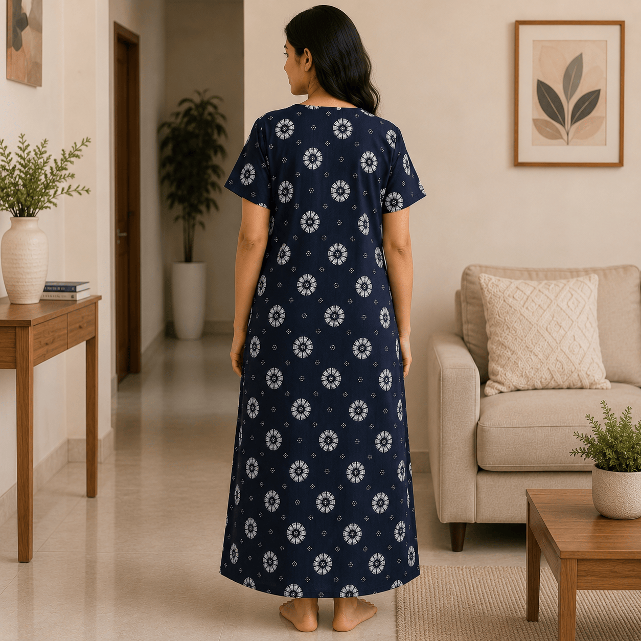 Udhaya's Women's Cotton Floral Printed Nighty with Front Zip | Soft Daily Wear Night Gown (Navy Blue) XXL OneZeros
