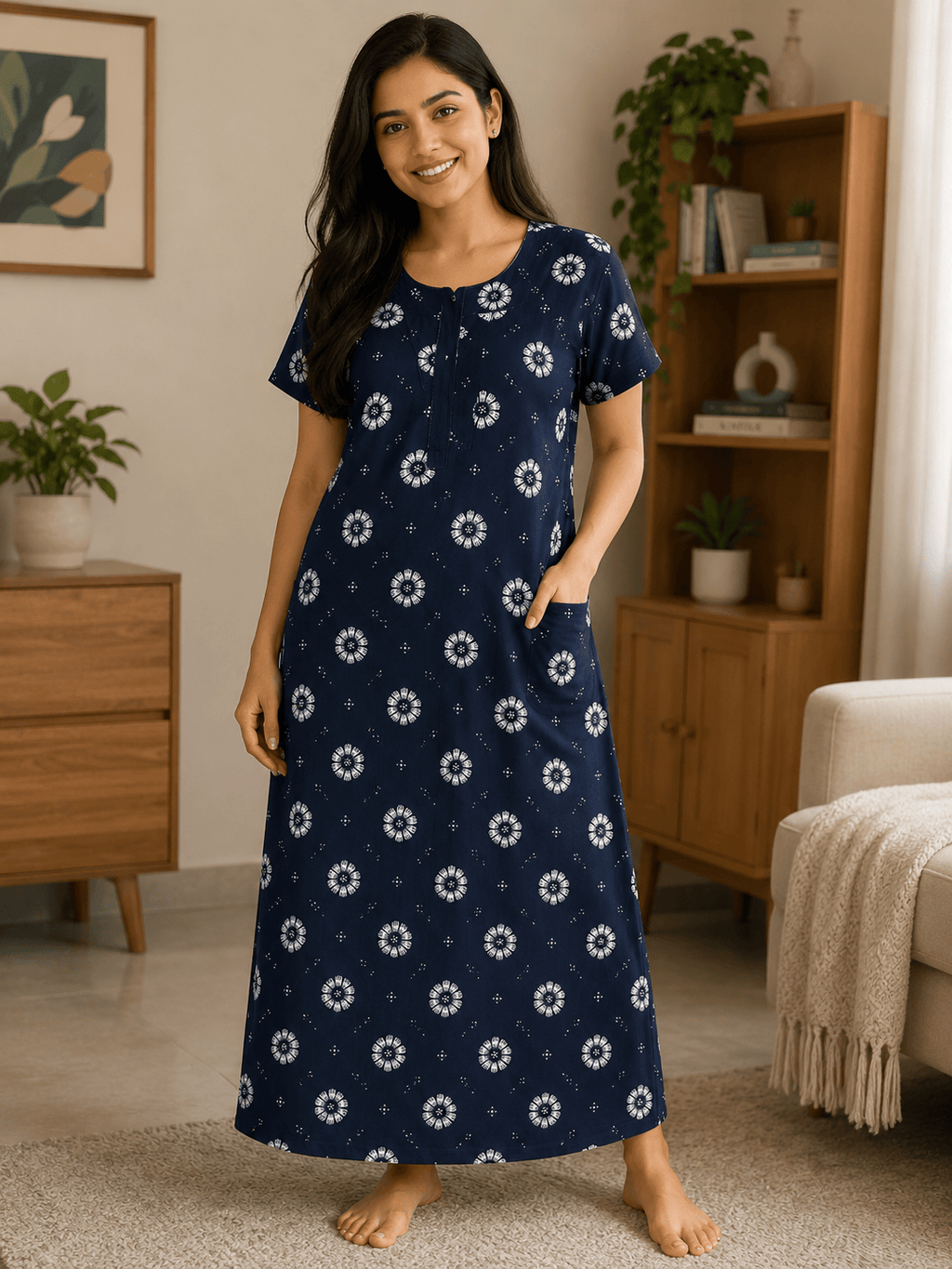 Udhaya's Women's Cotton Floral Printed Nighty with Front Zip | Soft Daily Wear Night Gown (Navy Blue) XXL OneZeros