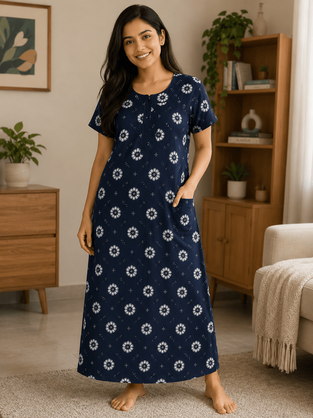 Udhaya's Women's Cotton Floral Printed Nighty with Front Zip | Soft Daily Wear Night Gown (Navy Blue) XXL OneZeros