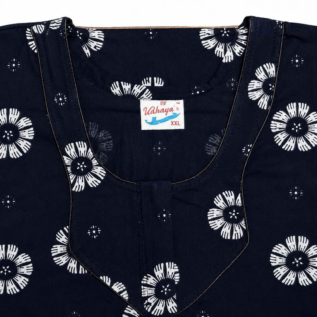 Udhaya's Women's Cotton Floral Printed Nighty with Front Zip | Soft Daily Wear Night Gown (Navy Blue) XXL OneZeros