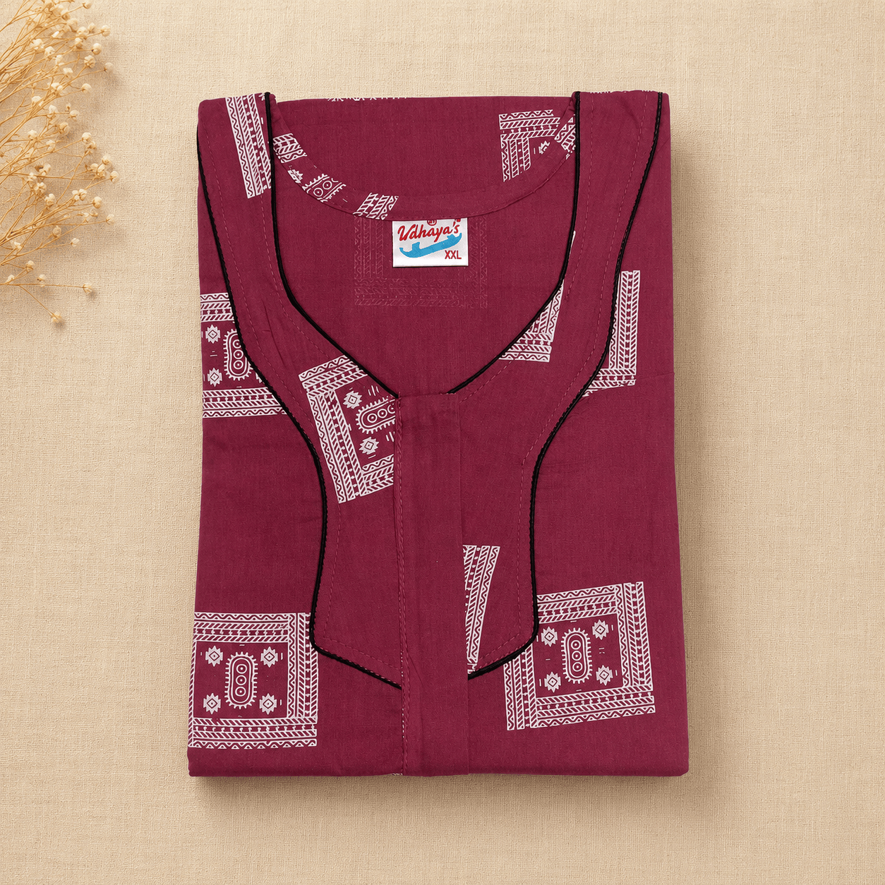 Udhaya Women's 100% Cotton Printed Nighty with Piping Neckline & One Pocket XXL OneZeros