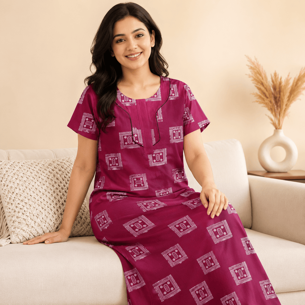 Udhaya Women's 100% Cotton Printed Nighty with Piping Neckline & One Pocket XXL OneZeros