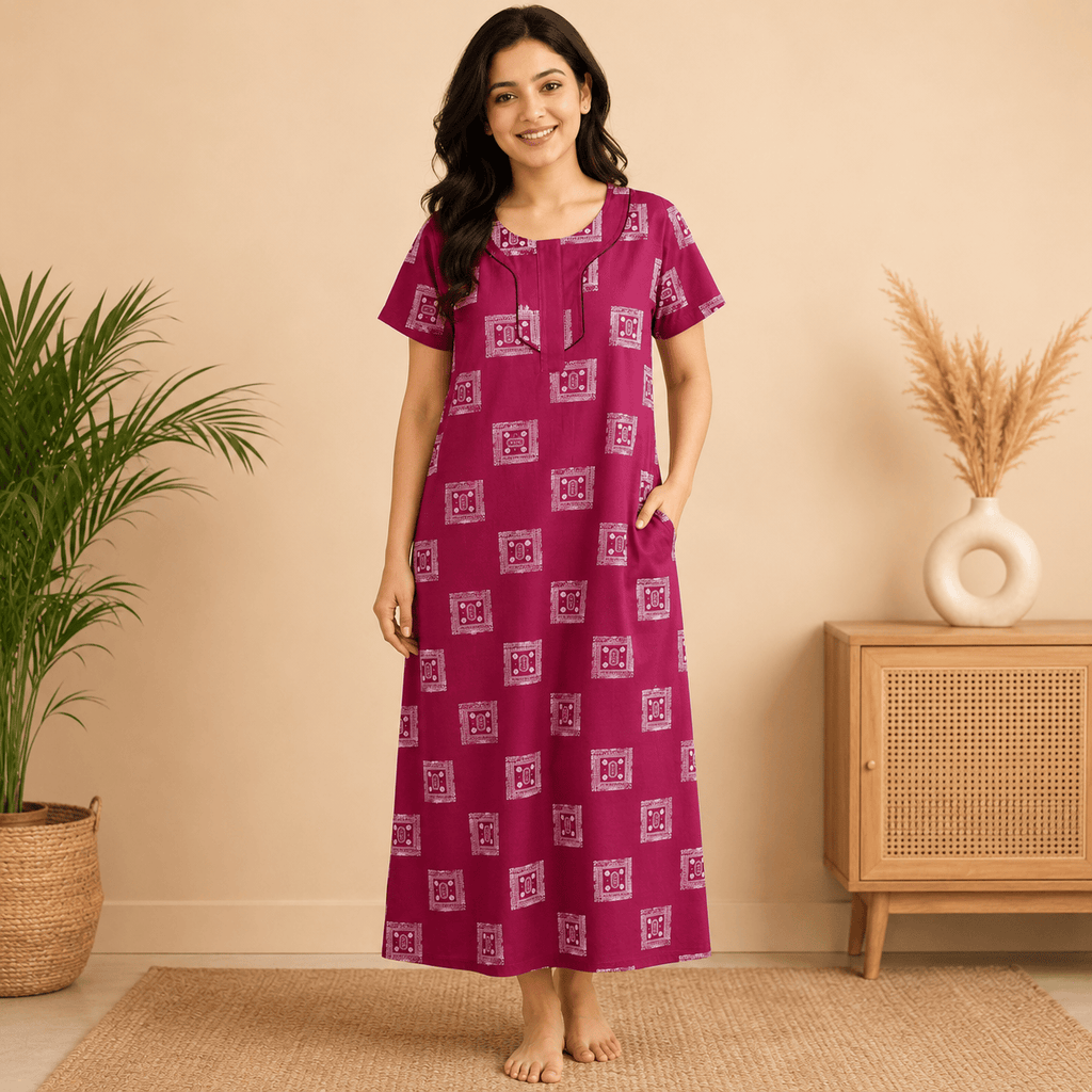 Udhaya Women's 100% Cotton Printed Nighty with Piping Neckline & One Pocket XXL OneZeros