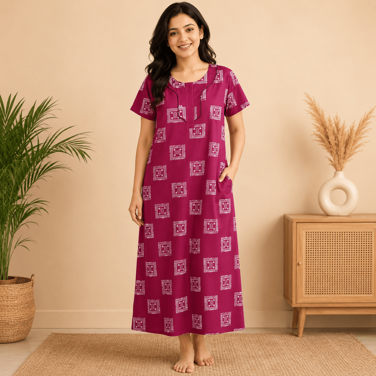 Udhaya Women's 100% Cotton Printed Nighty with Piping Neckline & One Pocket XXL OneZeros