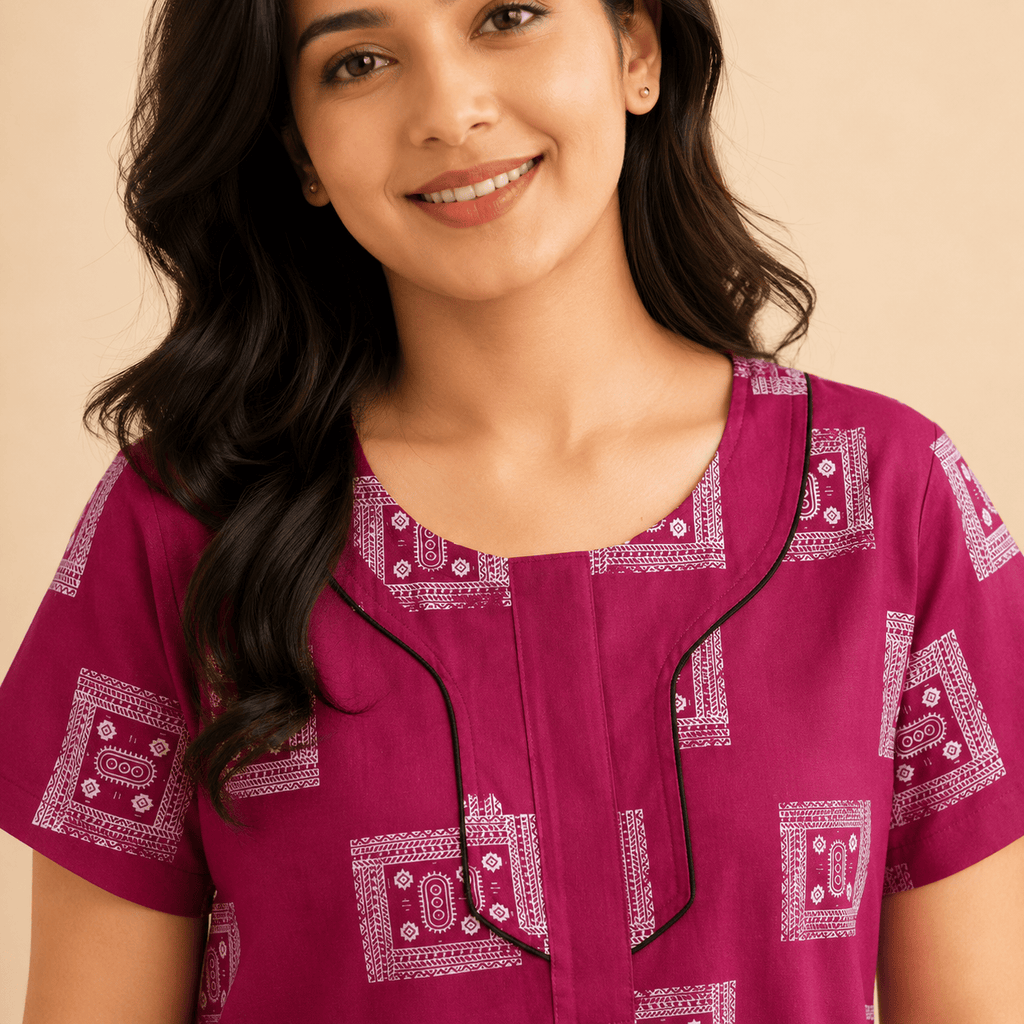 Udhaya Women's 100% Cotton Printed Nighty with Piping Neckline & One Pocket XXL OneZeros