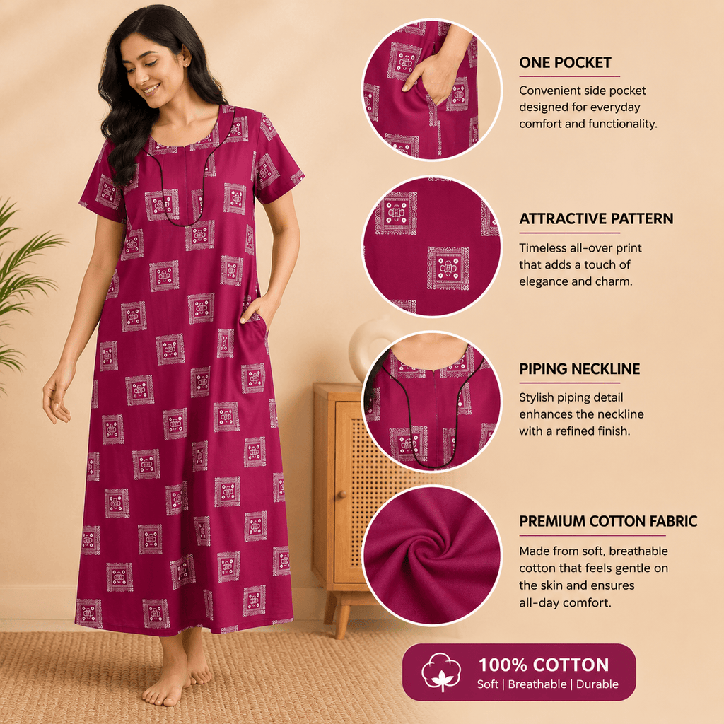 Udhaya Women's 100% Cotton Printed Nighty with Piping Neckline & One Pocket XXL OneZeros