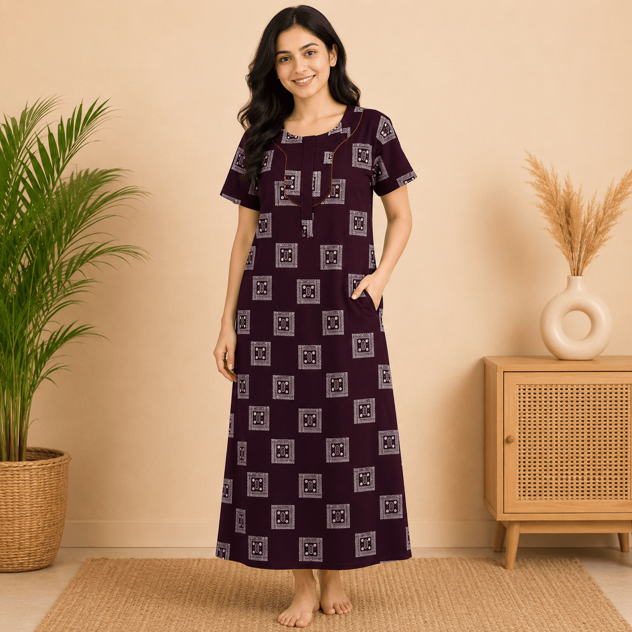 Udhaya Women's 100% Cotton Printed Nighty with Stylish Piping Neckline & Front Pocket XXL OneZeros