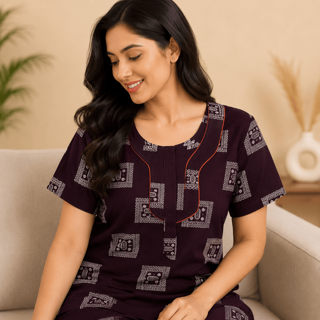Udhaya Women's 100% Cotton Printed Nighty with Stylish Piping Neckline & Front Pocket XXL OneZeros
