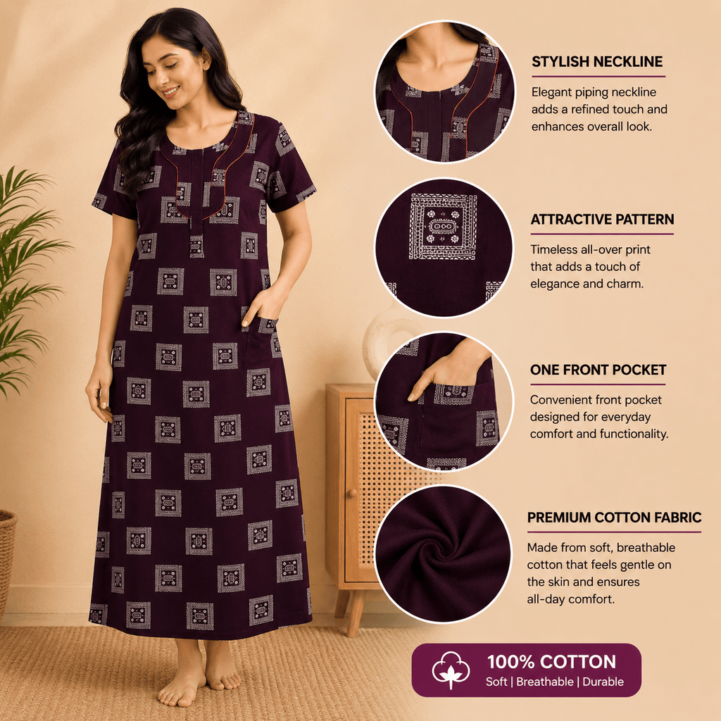 Udhaya Women's 100% Cotton Printed Nighty with Stylish Piping Neckline & Front Pocket XXL OneZeros