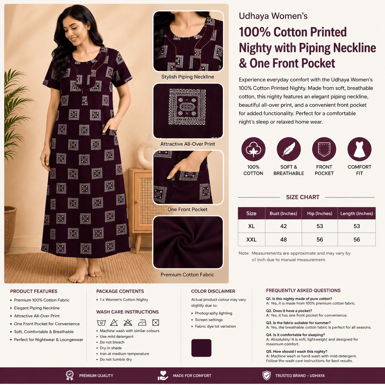 Udhaya Women's 100% Cotton Printed Nighty with Stylish Piping Neckline & Front Pocket XXL OneZeros