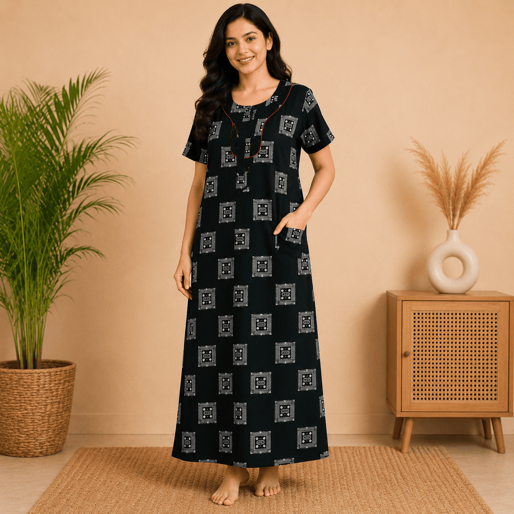Udhaya Women's 100% Cotton Printed Nighty with Stylish Piping Neckline & One Front Pocket – Dark Green XXL OneZeros
