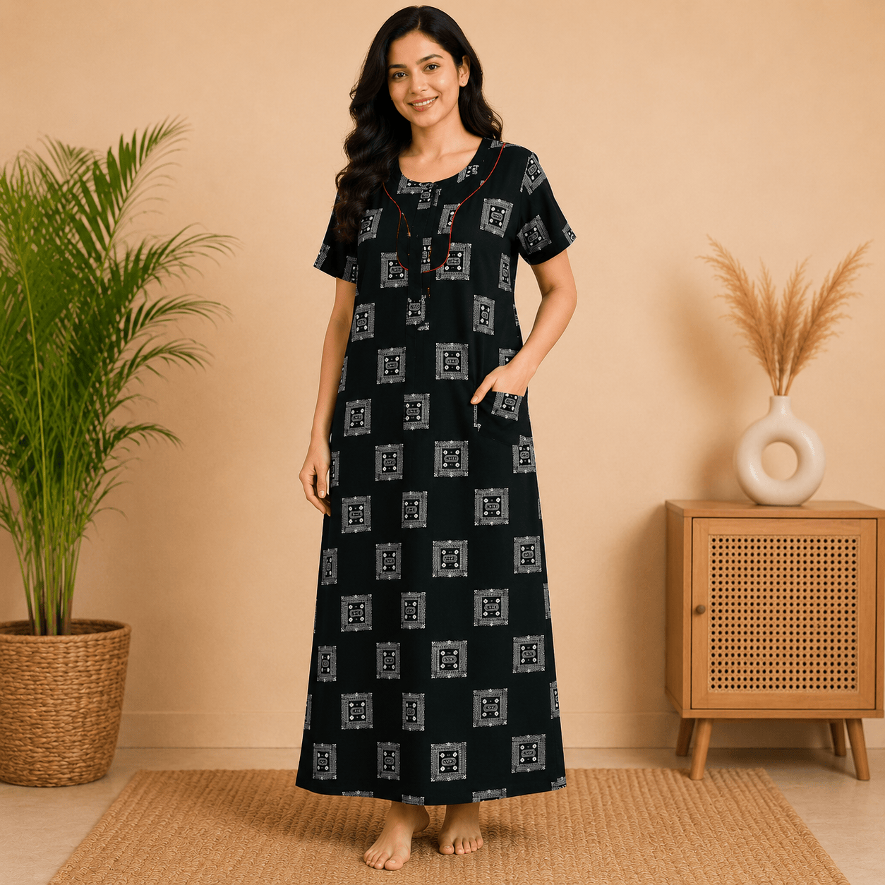 Udhaya Women's 100% Cotton Printed Nighty with Stylish Piping Neckline & One Front Pocket – Dark Green XXL OneZeros