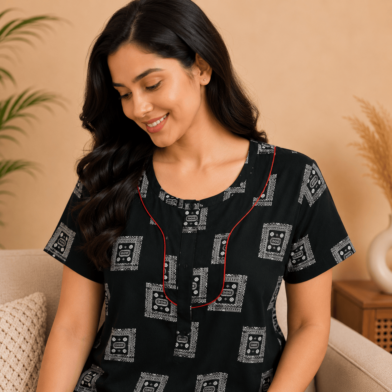 Udhaya Women's 100% Cotton Printed Nighty with Stylish Piping Neckline & One Front Pocket – Dark Green XXL OneZeros