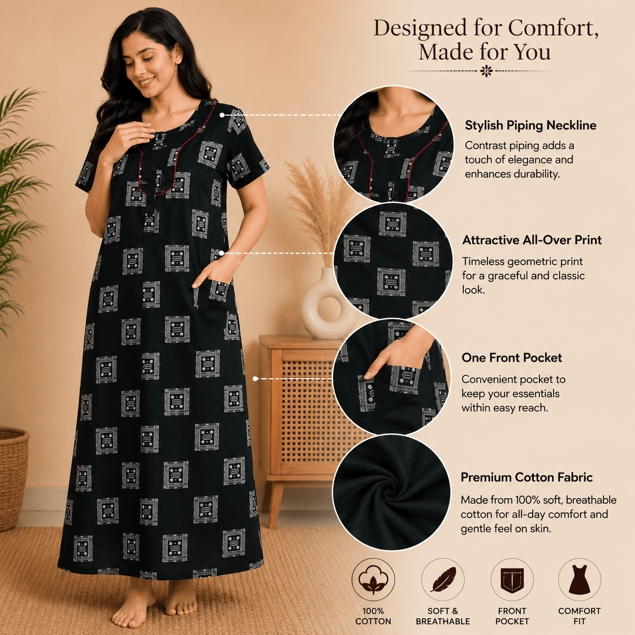Udhaya Women's 100% Cotton Printed Nighty with Stylish Piping Neckline & One Front Pocket – Dark Green XXL OneZeros