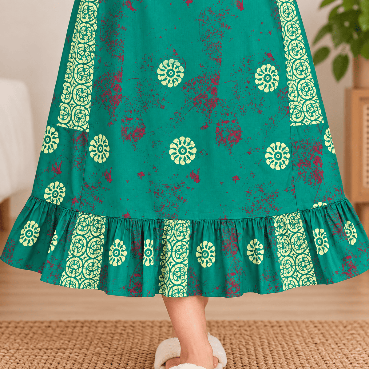 Vanitha Cotton Frock Nighty for Women – Green Printed Mid-Length Nightwear XXL OneZeros