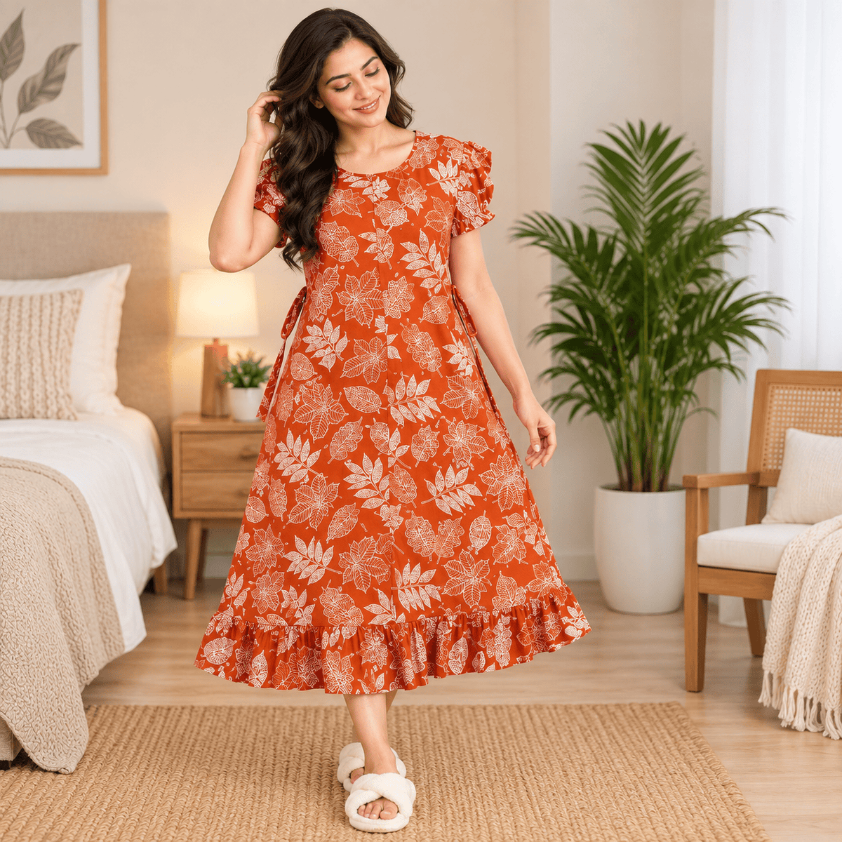 Vanitha Cotton Frock Nighty for Women – Orange Leaf Print Mid-Length Nightwear XXL OneZeros