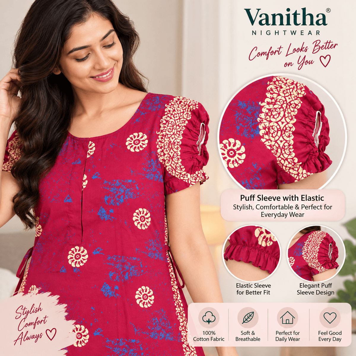 Vanitha Cotton Frock Nighty for Women – Printed Mid-Length Nightdress with Puff Sleeves & Frill XXL OneZeros