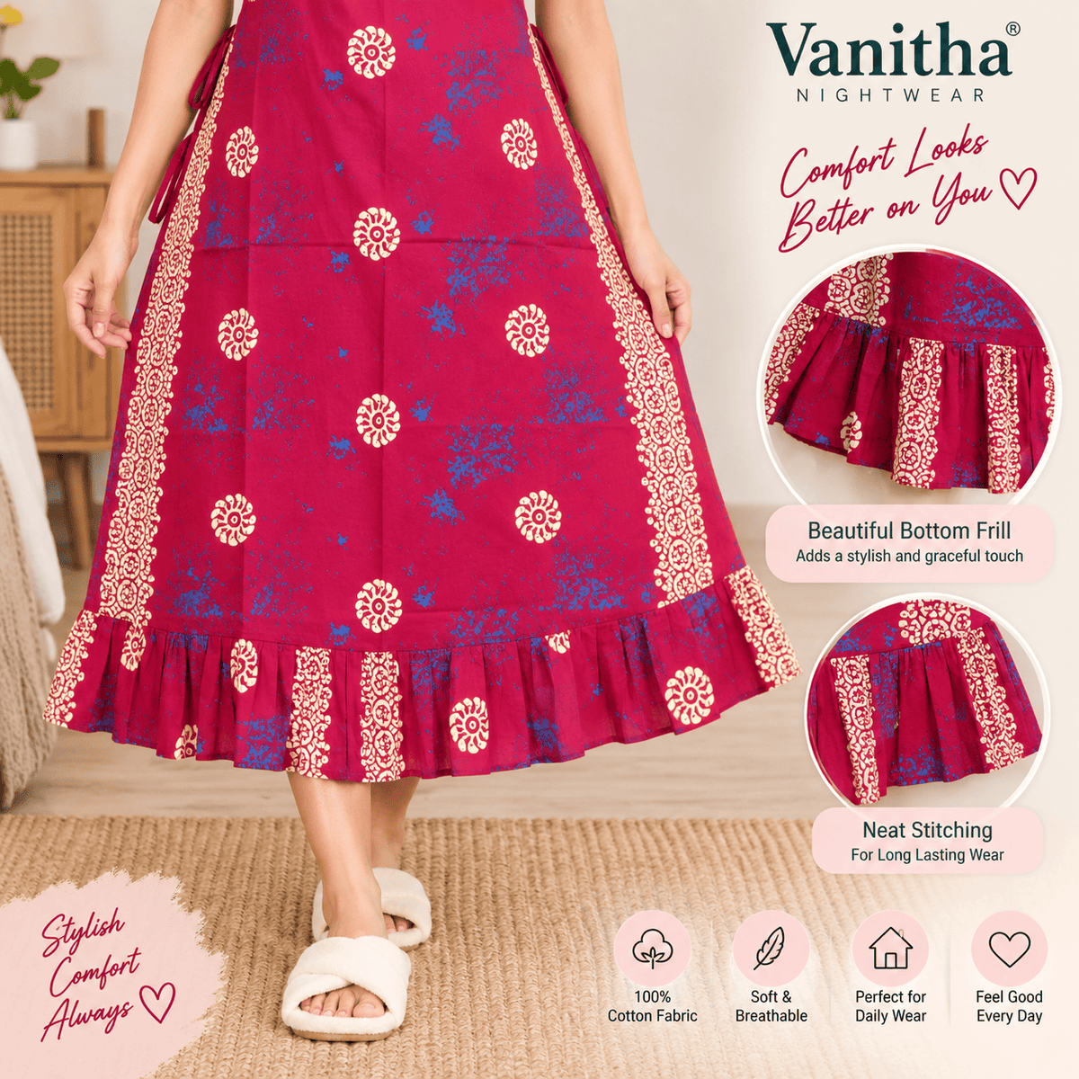 Vanitha Cotton Frock Nighty for Women – Printed Mid-Length Nightdress with Puff Sleeves & Frill XXL OneZeros