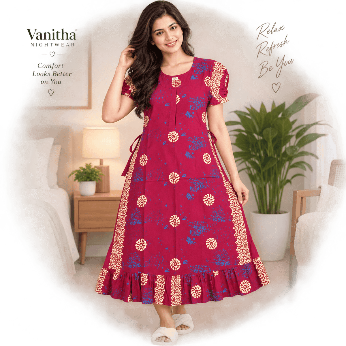 Vanitha Cotton Frock Nighty for Women – Printed Mid-Length Nightdress with Puff Sleeves & Frill XXL OneZeros