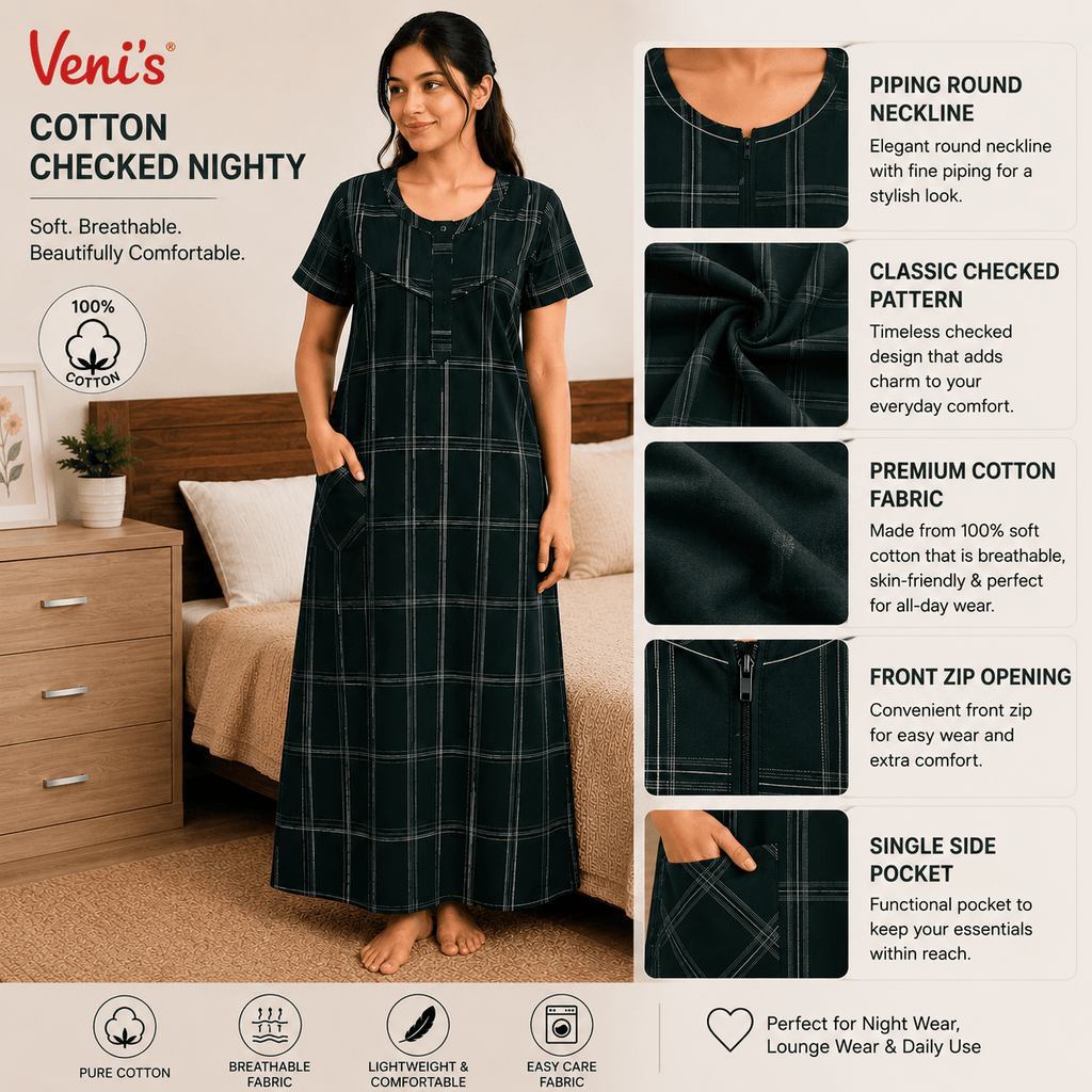 Veni's Cotton Checked Front Zip Nighty for Women – Dark Green | Soft Cotton Nightwear OneZeros