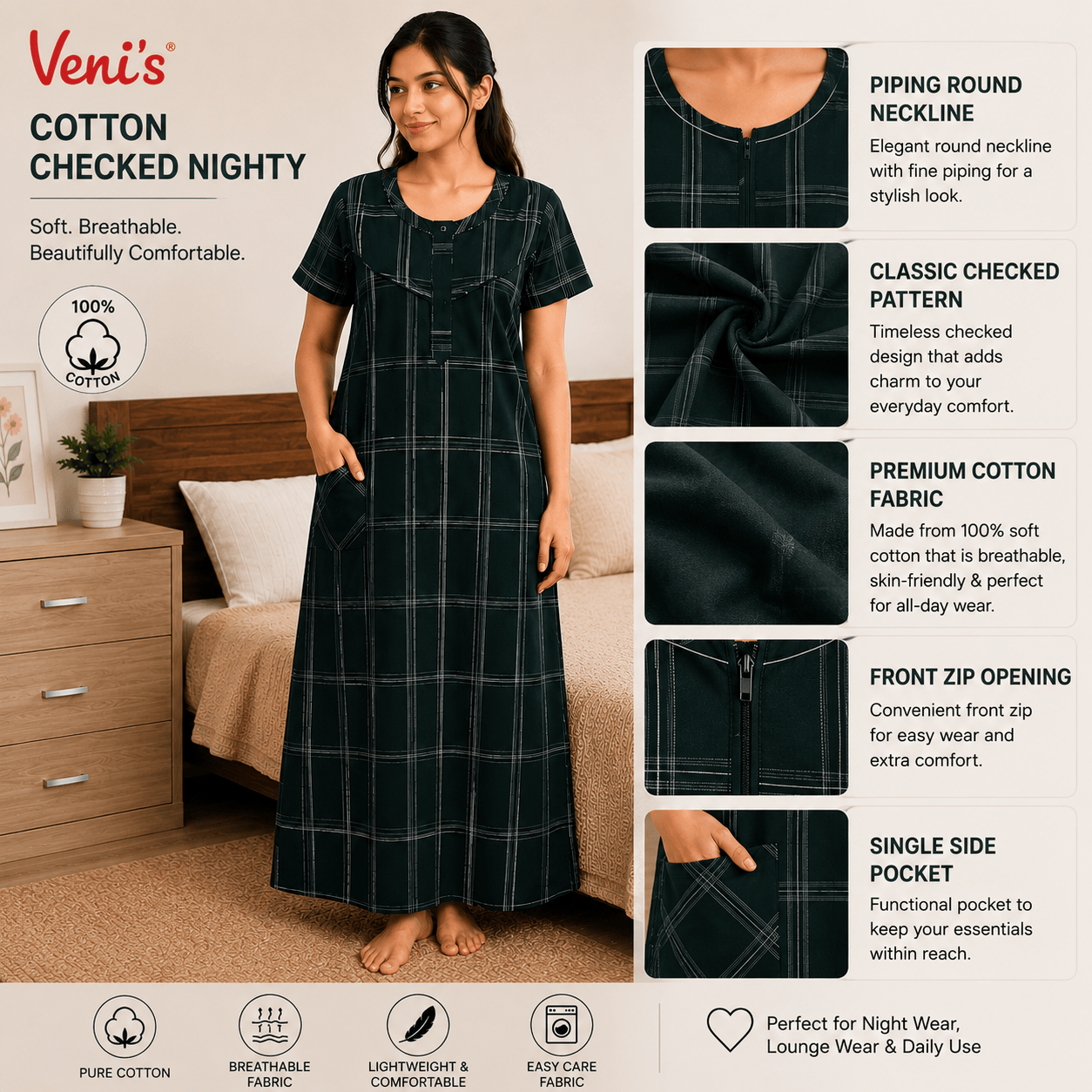 Veni's Cotton Checked Front Zip Nighty for Women – Dark Green | Soft Cotton Nightwear OneZeros