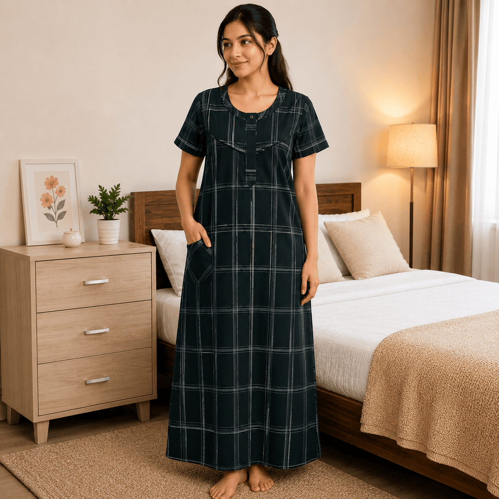Veni's Cotton Checked Front Zip Nighty for Women – Dark Green | Soft Cotton Nightwear OneZeros