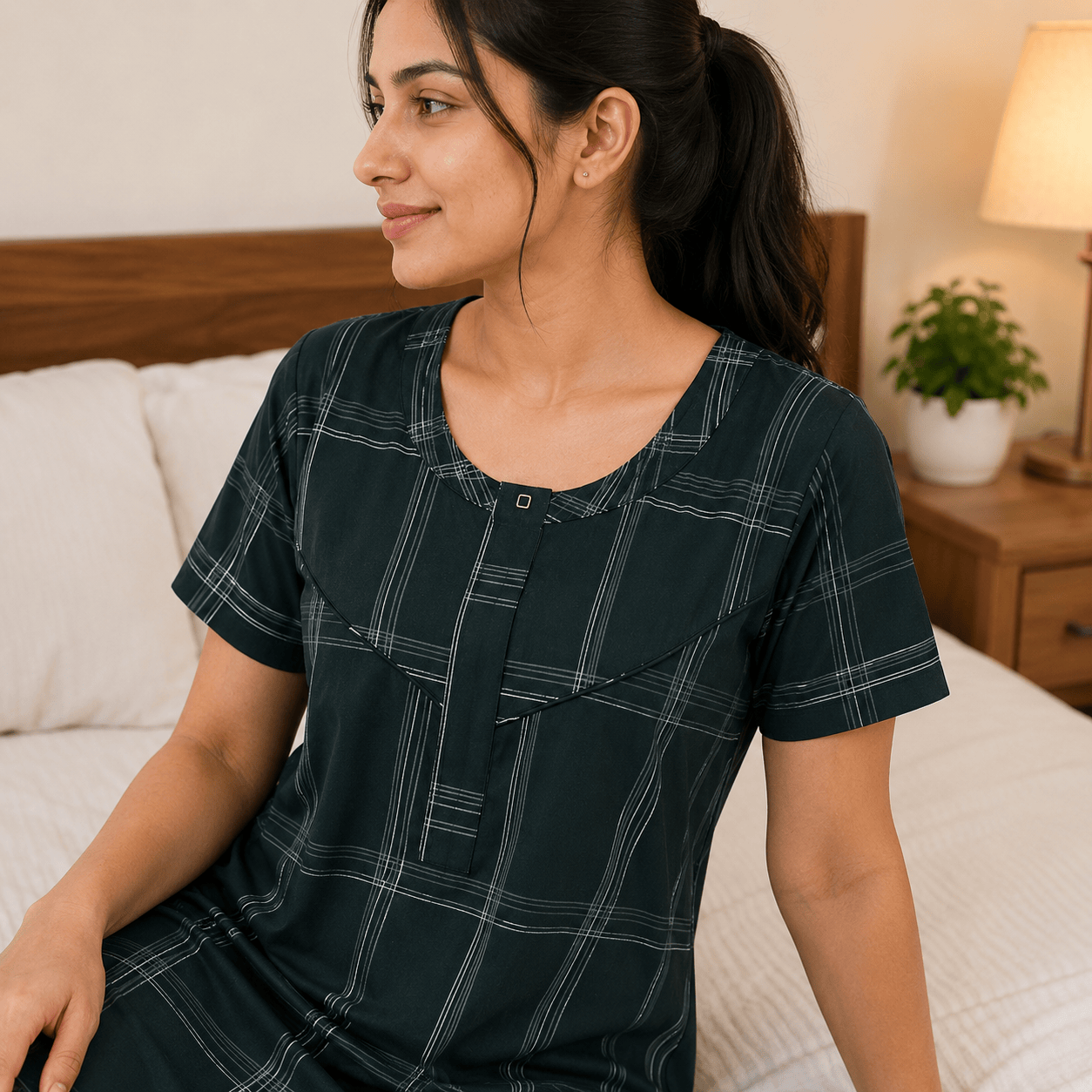 Veni's Cotton Checked Front Zip Nighty for Women – Dark Green | Soft Cotton Nightwear OneZeros